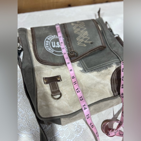 Myra Bag Crossbody Messenger – Canvas & Leather Military Stamp Rustic Boho Style - Picture 14 of 16